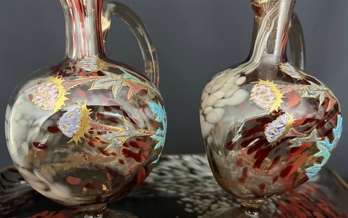 Leune – Legras, paire d’aiguières et plateau, verre émaillé à décor de chardons, Art nouveau-photo-4