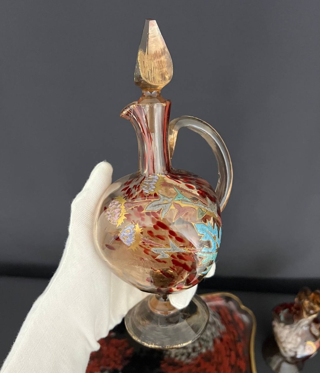 Leune – Legras, paire d’aiguières et plateau, verre émaillé à décor de chardons, Art nouveau-photo-3