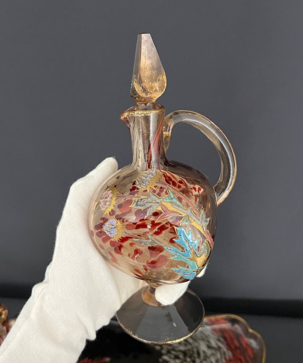 Leune – Legras, paire d’aiguières et plateau, verre émaillé à décor de chardons, Art nouveau-photo-4