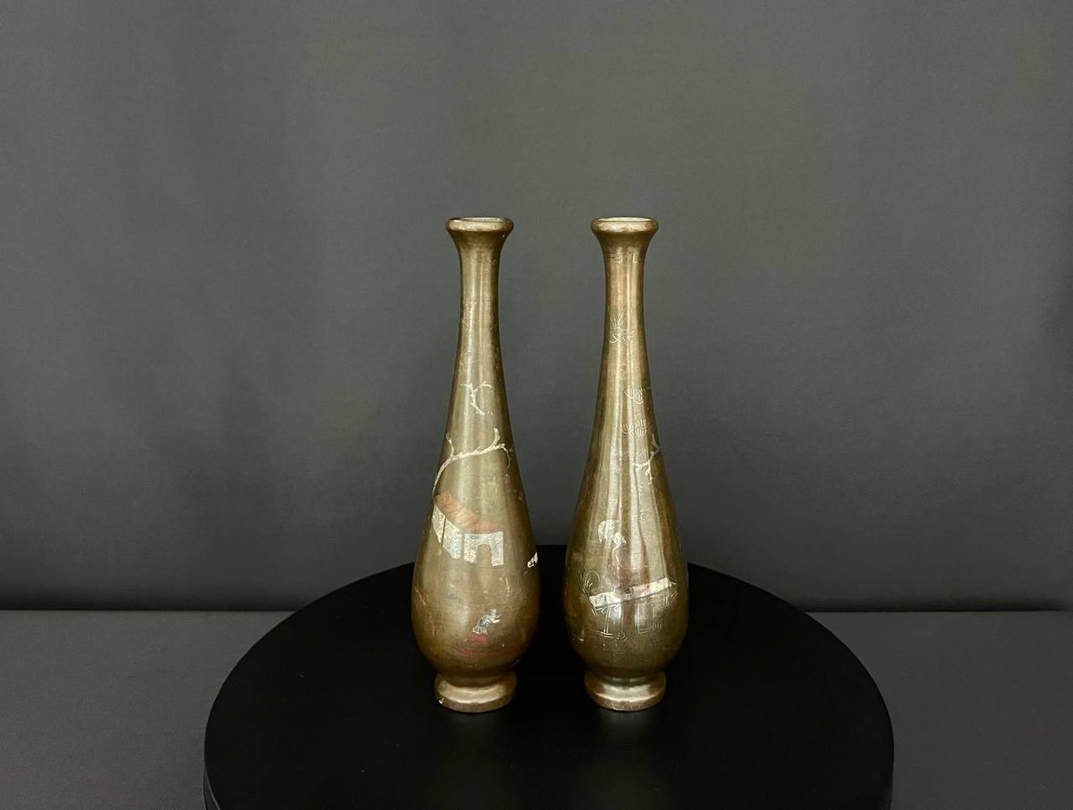 Pair Of Bronze Vases With Inlaid Decoration, Indochina, 19th – Early 20th Century-photo-3