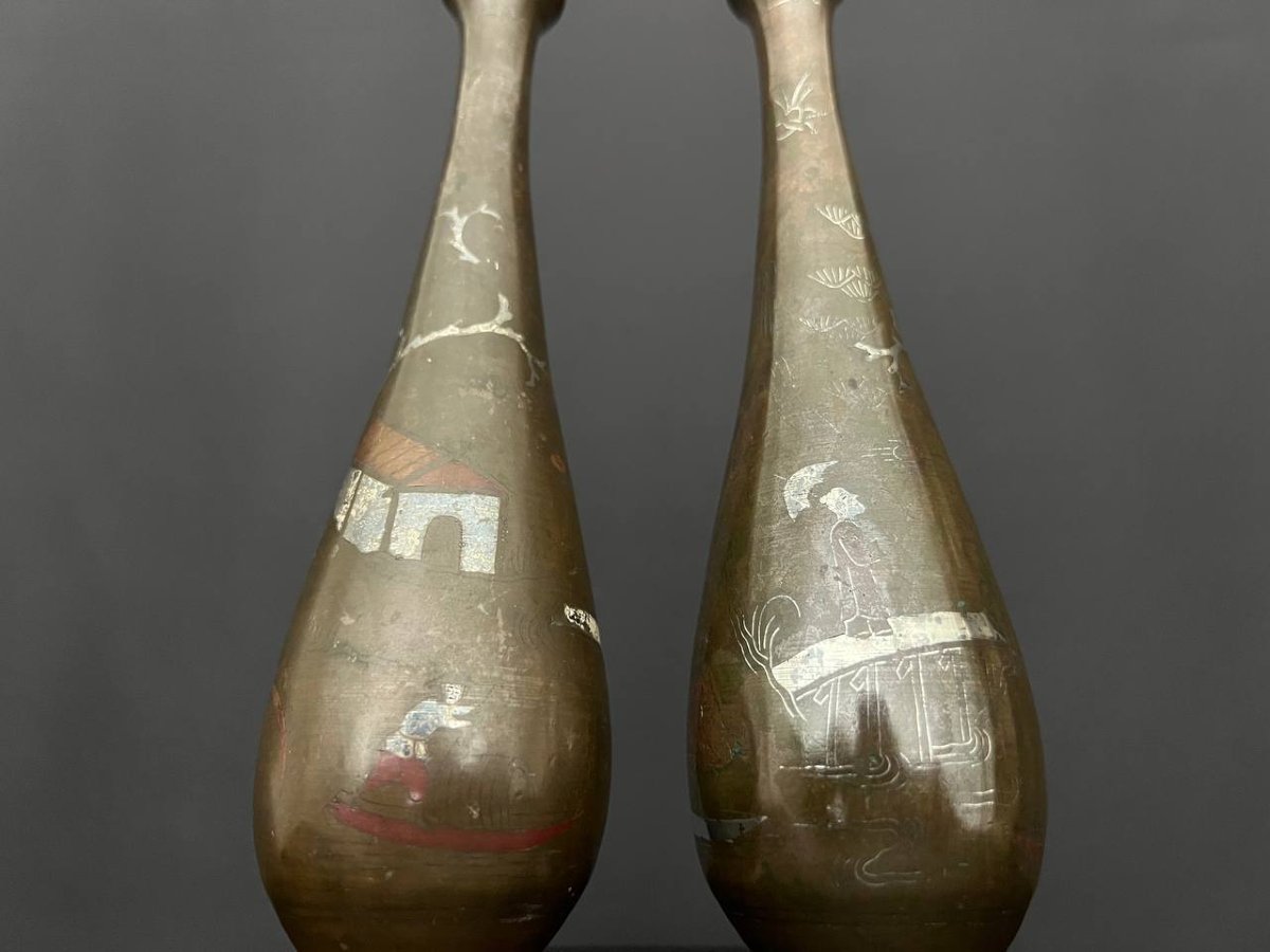 Pair Of Bronze Vases With Inlaid Decoration, Indochina, 19th – Early 20th Century-photo-3