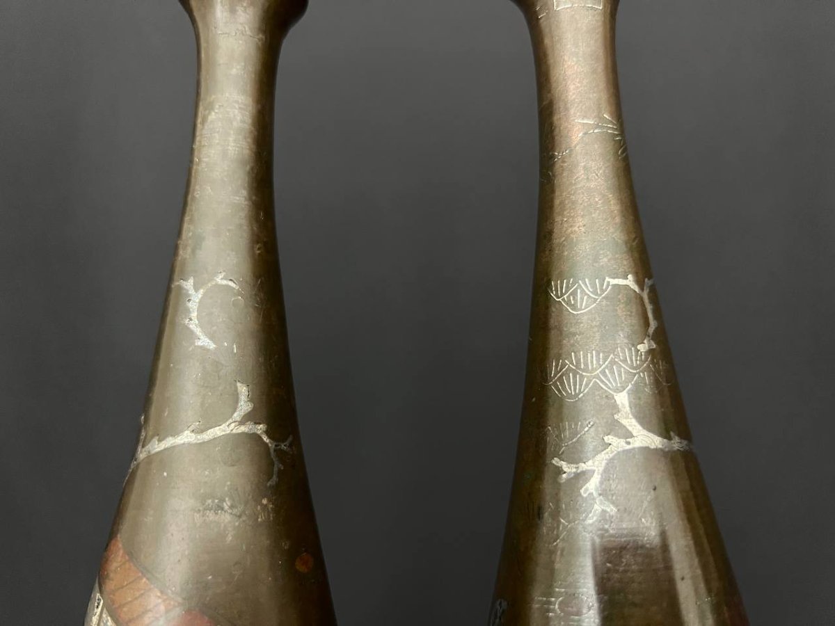 Pair Of Bronze Vases With Inlaid Decoration, Indochina, 19th – Early 20th Century-photo-4