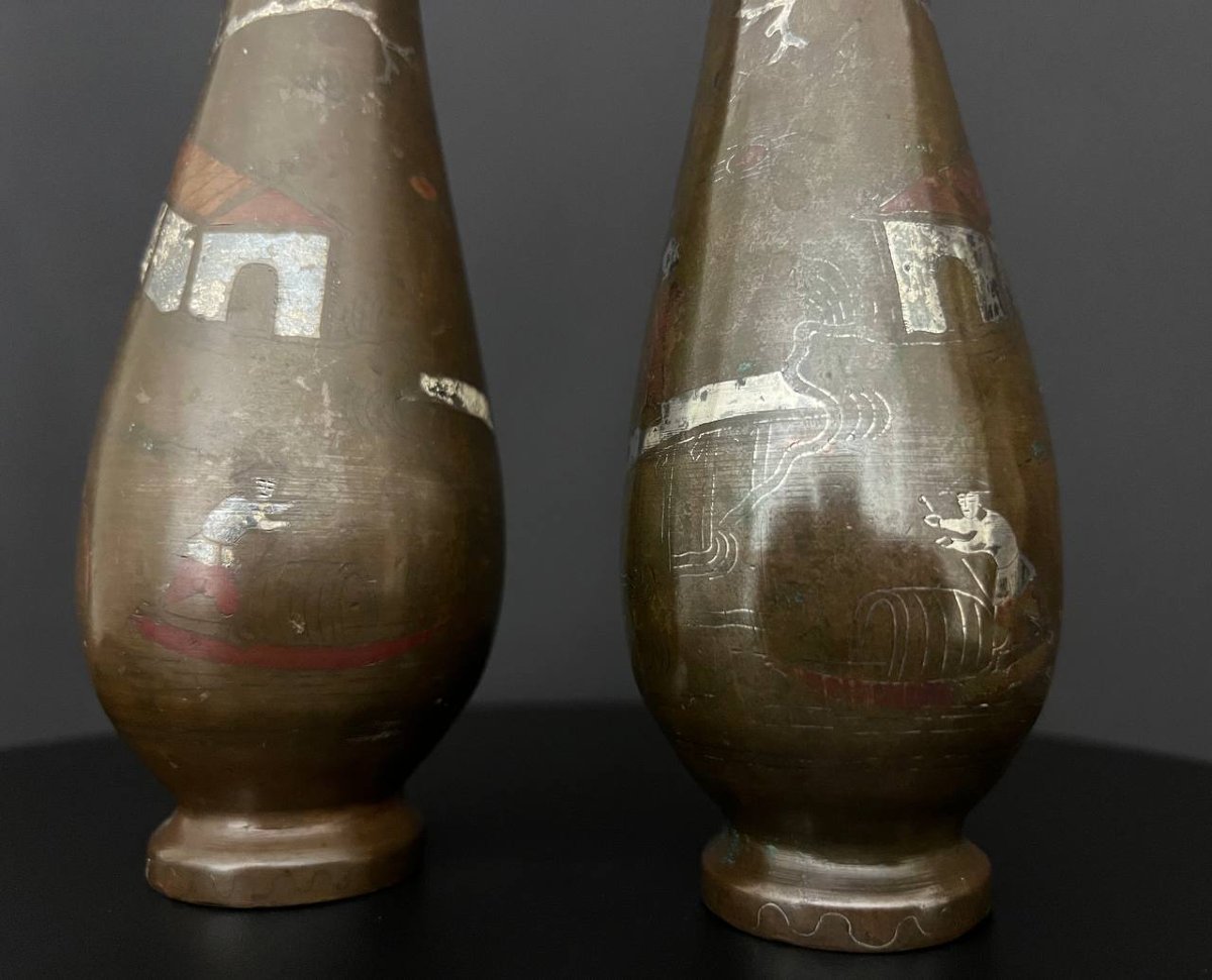 Pair Of Bronze Vases With Inlaid Decoration, Indochina, 19th – Early 20th Century-photo-5