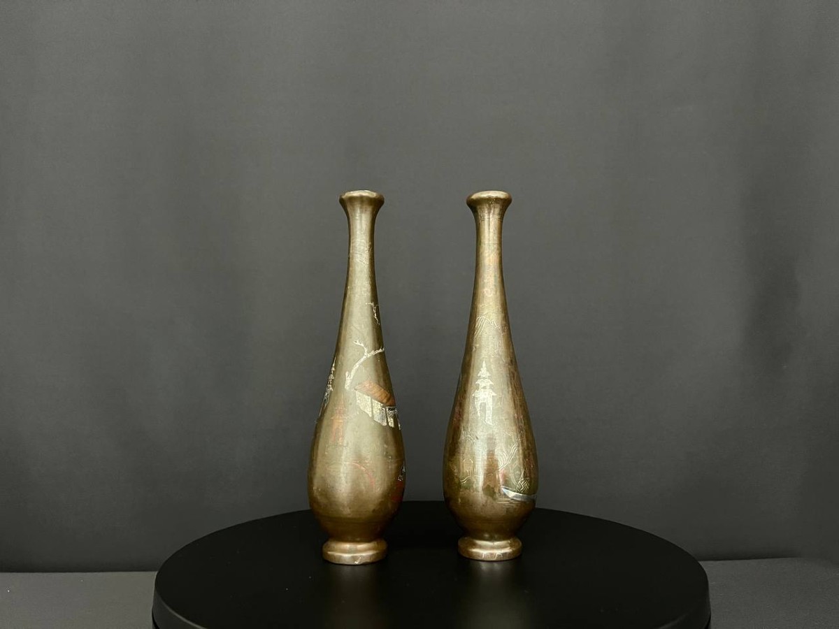 Pair Of Bronze Vases With Inlaid Decoration, Indochina, 19th – Early 20th Century