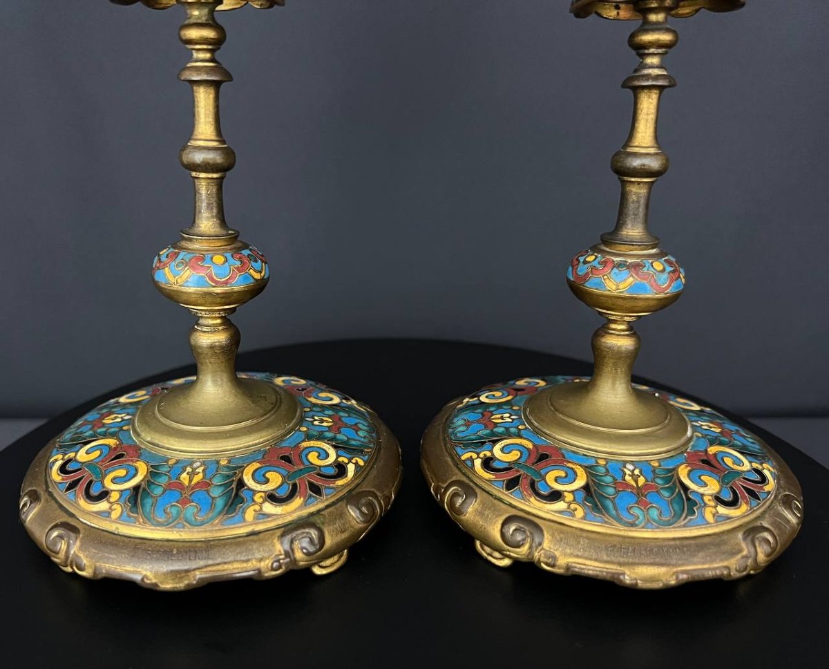 Pair Of Barbedienne Candelabras In Bronze And Cloisonné Enamel, 19th Century-photo-2