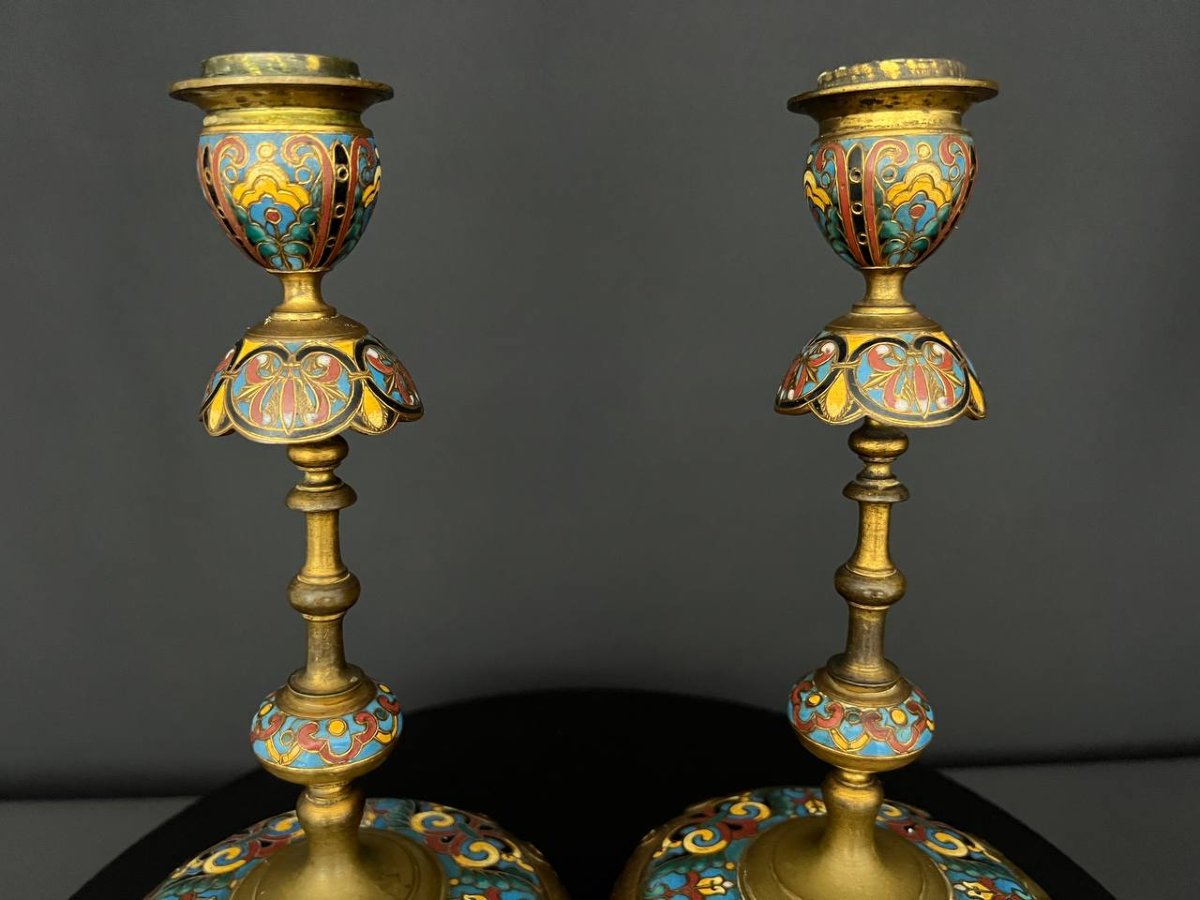 Pair Of Barbedienne Candelabras In Bronze And Cloisonné Enamel, 19th Century-photo-3