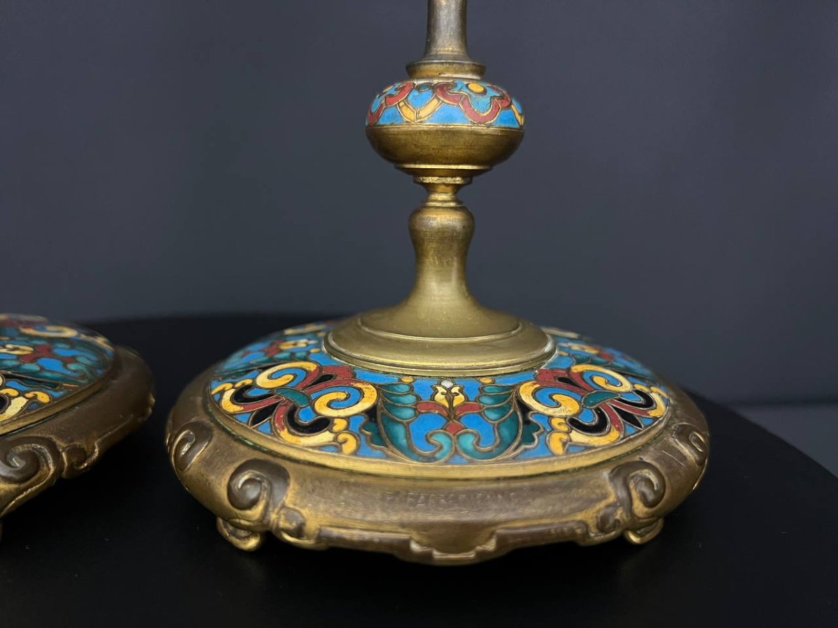 Pair Of Barbedienne Candelabras In Bronze And Cloisonné Enamel, 19th Century-photo-3