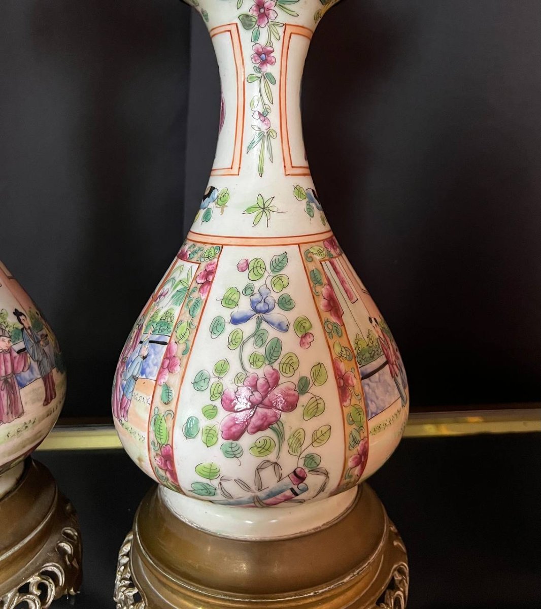 Paire de lampes à huile en porcelaine de Chine Canton, montures en bronze, XIXe siècle-photo-3