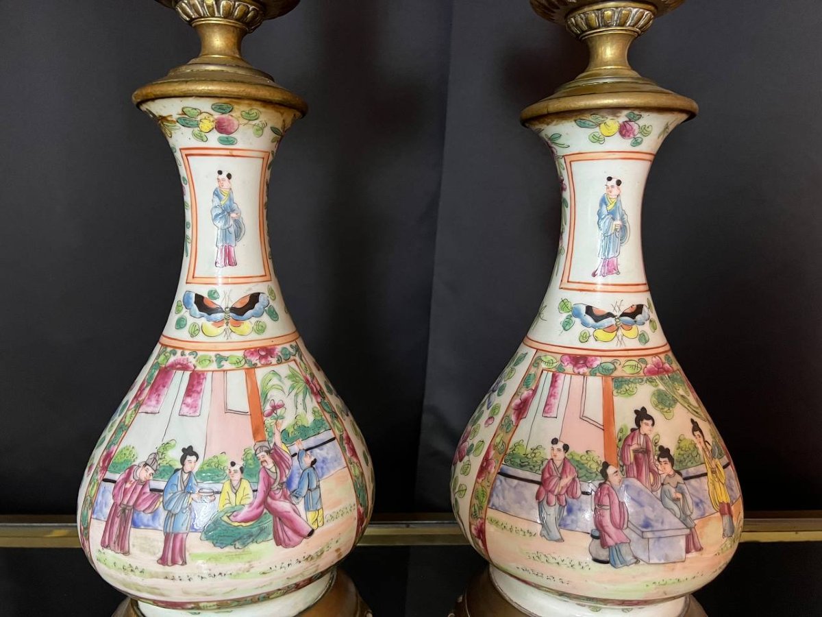 Paire de lampes à huile en porcelaine de Chine Canton, montures en bronze, XIXe siècle-photo-5
