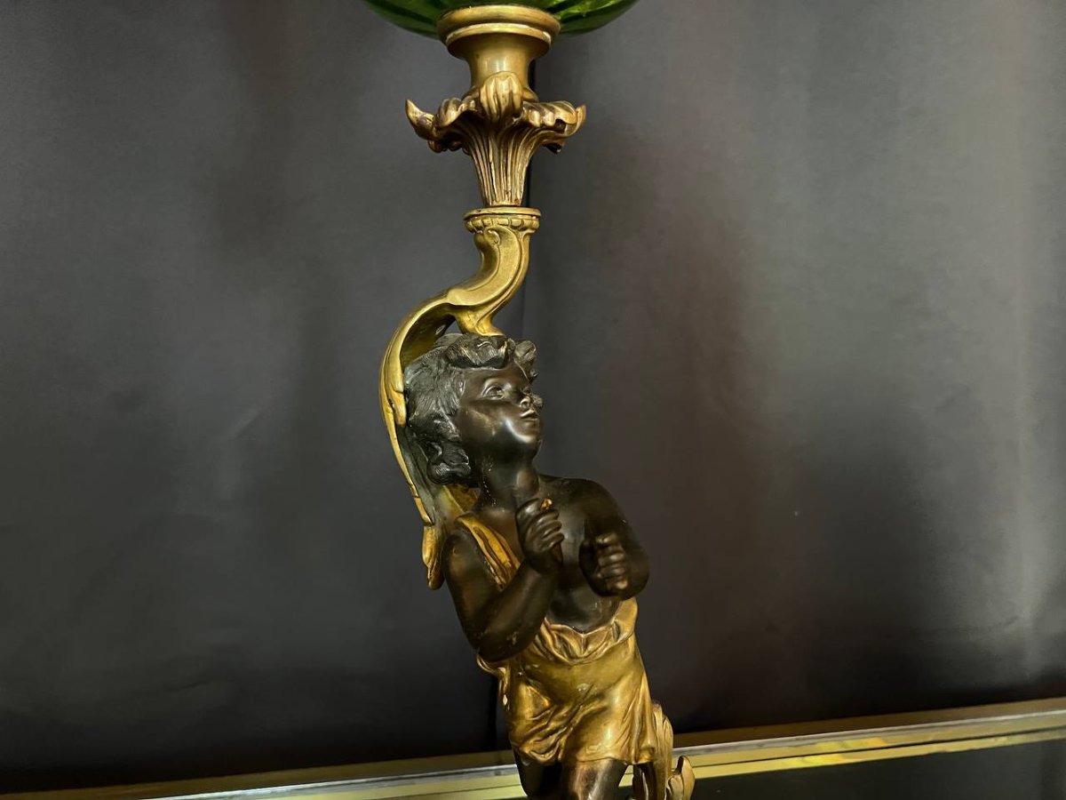 Lampe à huile XIXe en bronze et verre émaillé, décor au putto-photo-4