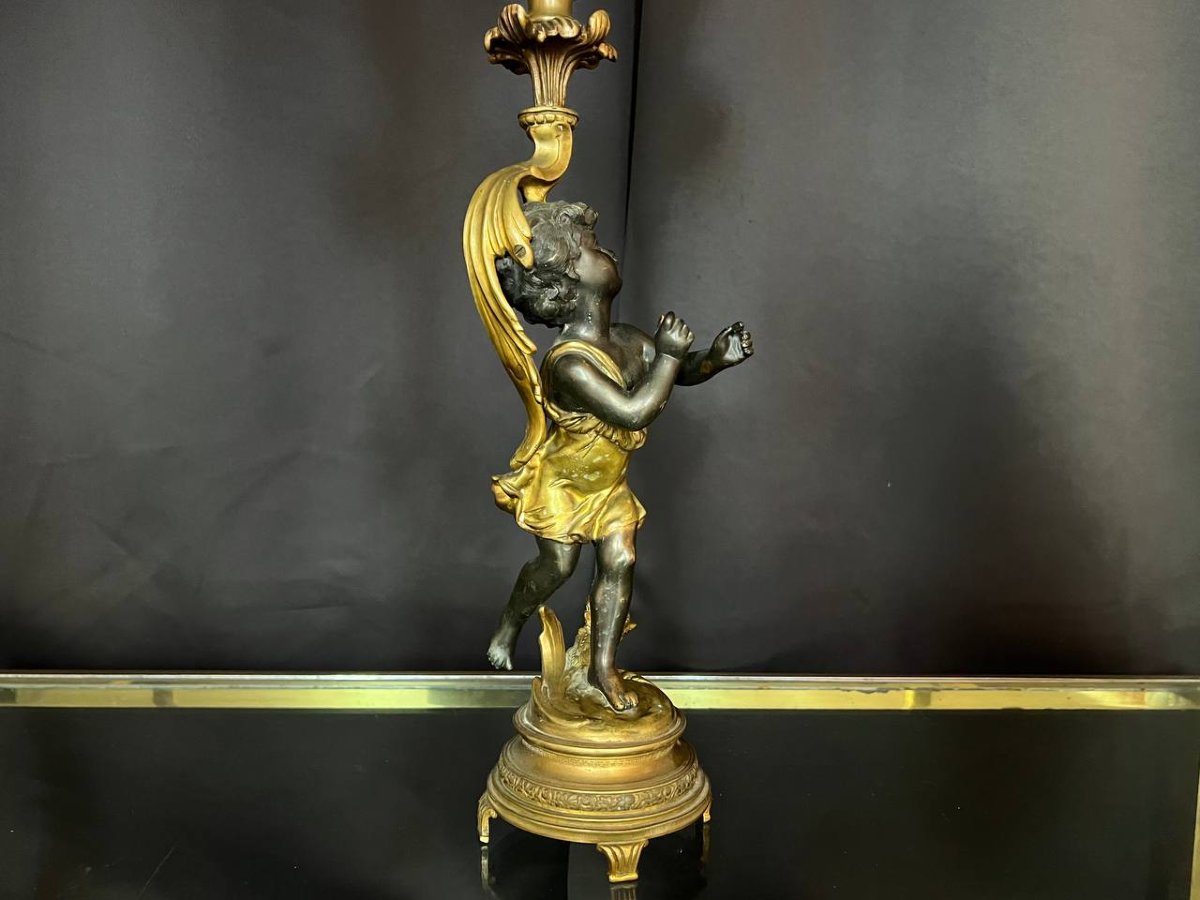 Lampe à huile XIXe en bronze et verre émaillé, décor au putto-photo-5