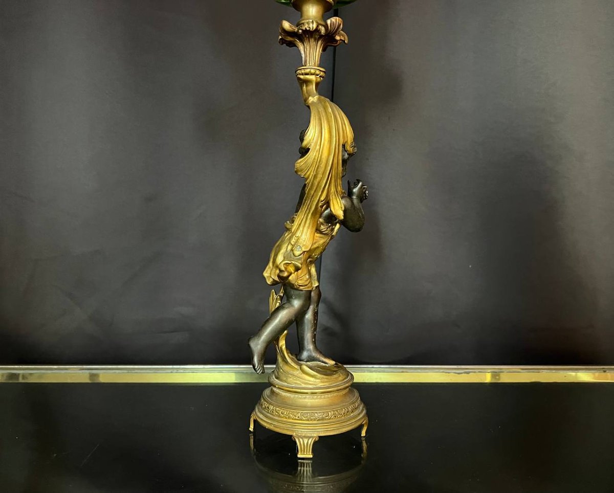 Lampe à huile XIXe en bronze et verre émaillé, décor au putto-photo-6