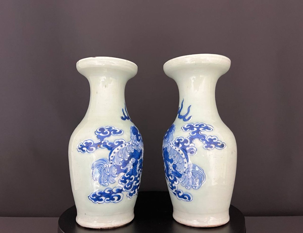 Pair Of Blue And White Porcelain Vases, Decorated With Fo Lions, China-photo-4