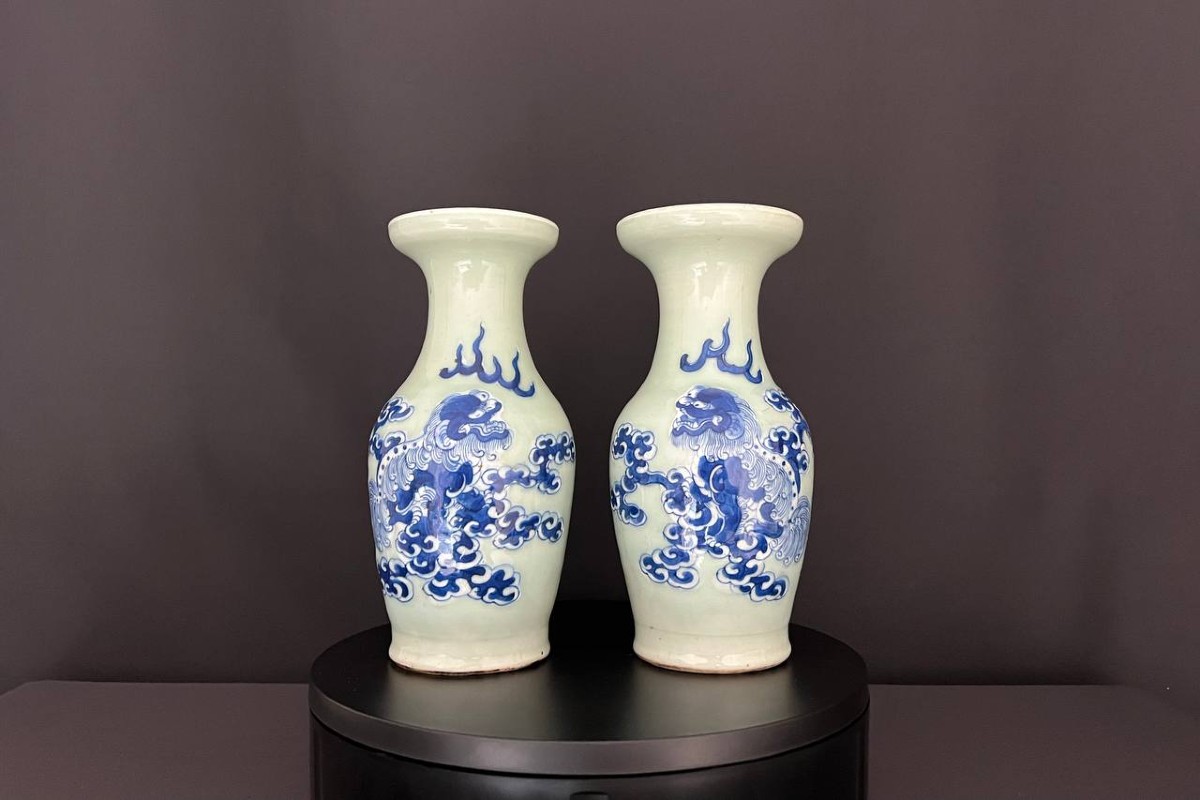 Pair Of Blue And White Porcelain Vases, Decorated With Fo Lions, China