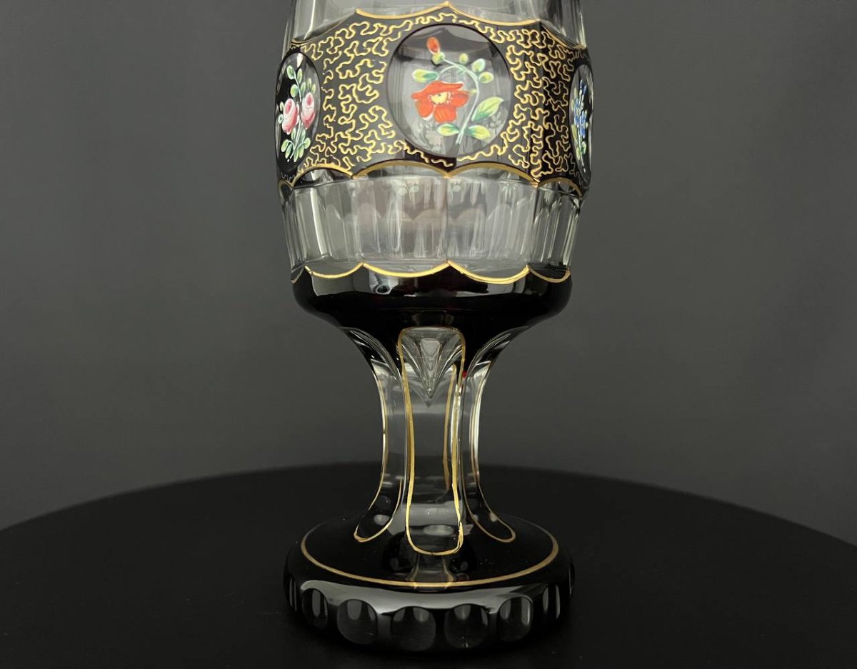 Ruby-colored Bohemian Crystal Stemmed Glass, Late 19th Century-photo-6