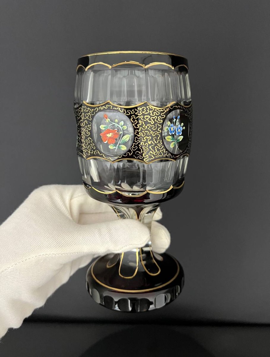 Ruby-colored Bohemian Crystal Stemmed Glass, Late 19th Century-photo-7