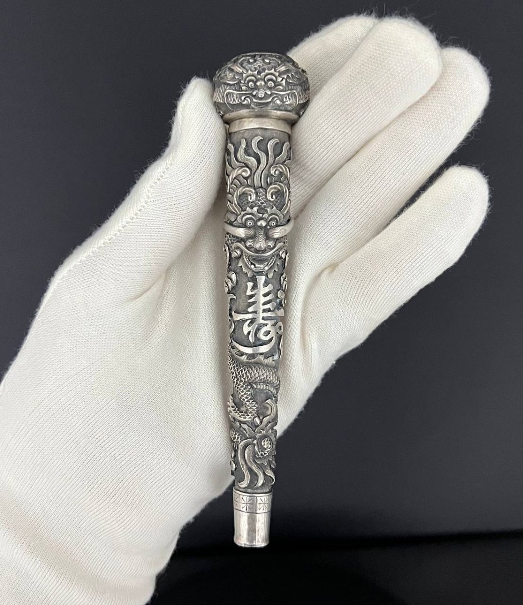 Poignée de canne en argent sculpté, Chine, fin XIXe – début XXe siècle-photo-2