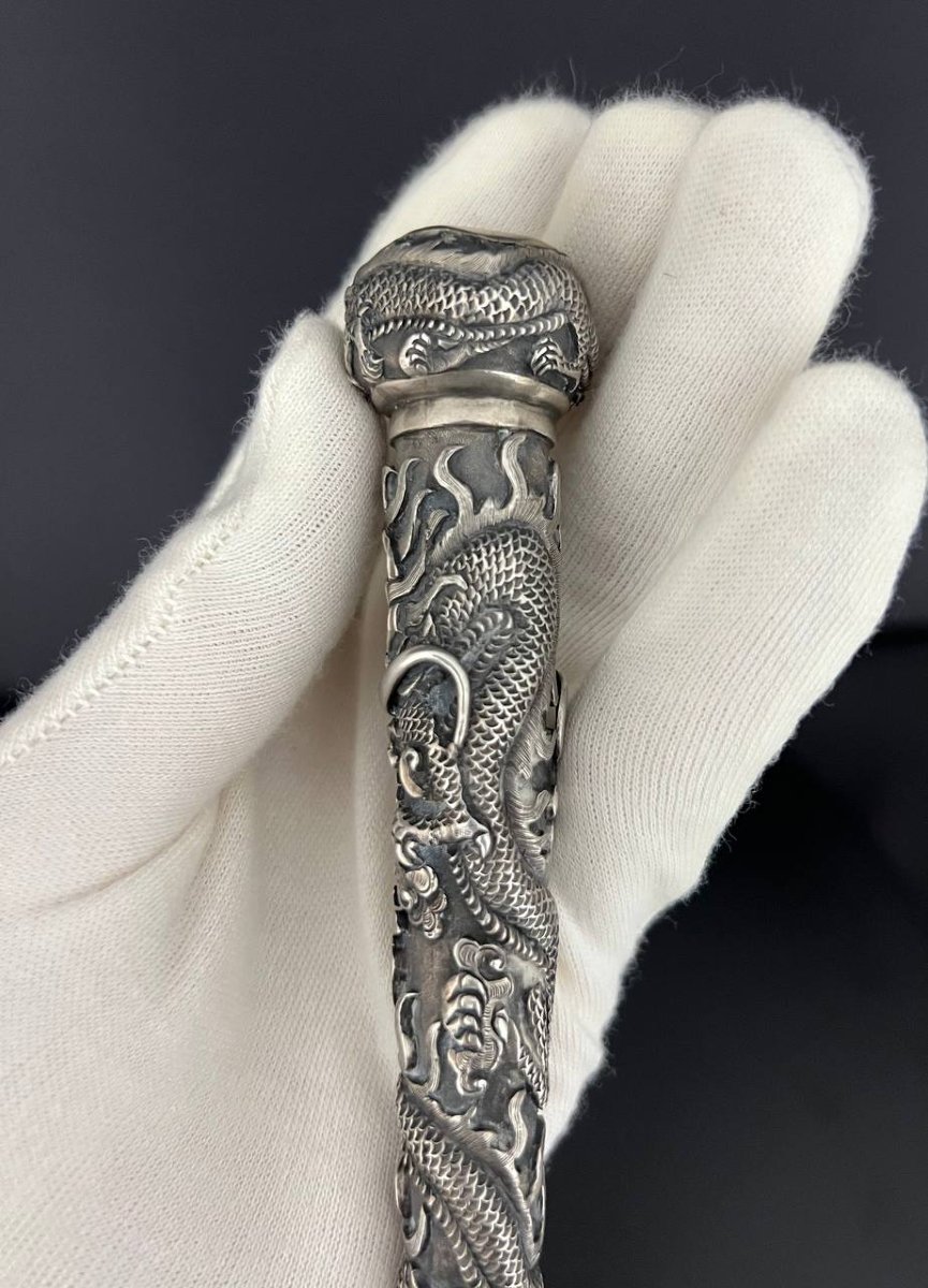 Poignée de canne en argent sculpté, Chine, fin XIXe – début XXe siècle-photo-3