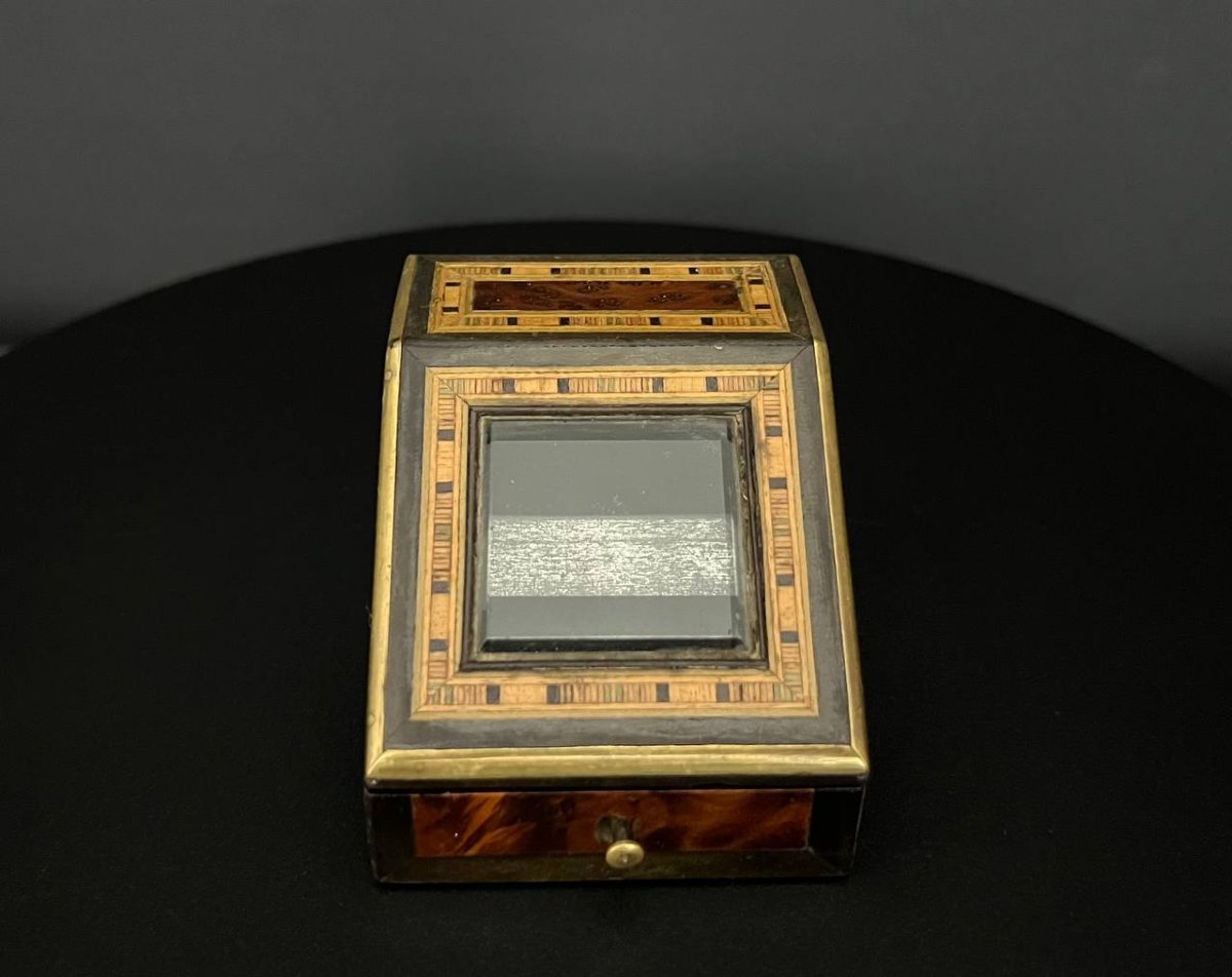 Coffret porte-montre en bois marqueté et laiton, vitre biseautée, XIXe siècle-photo-4