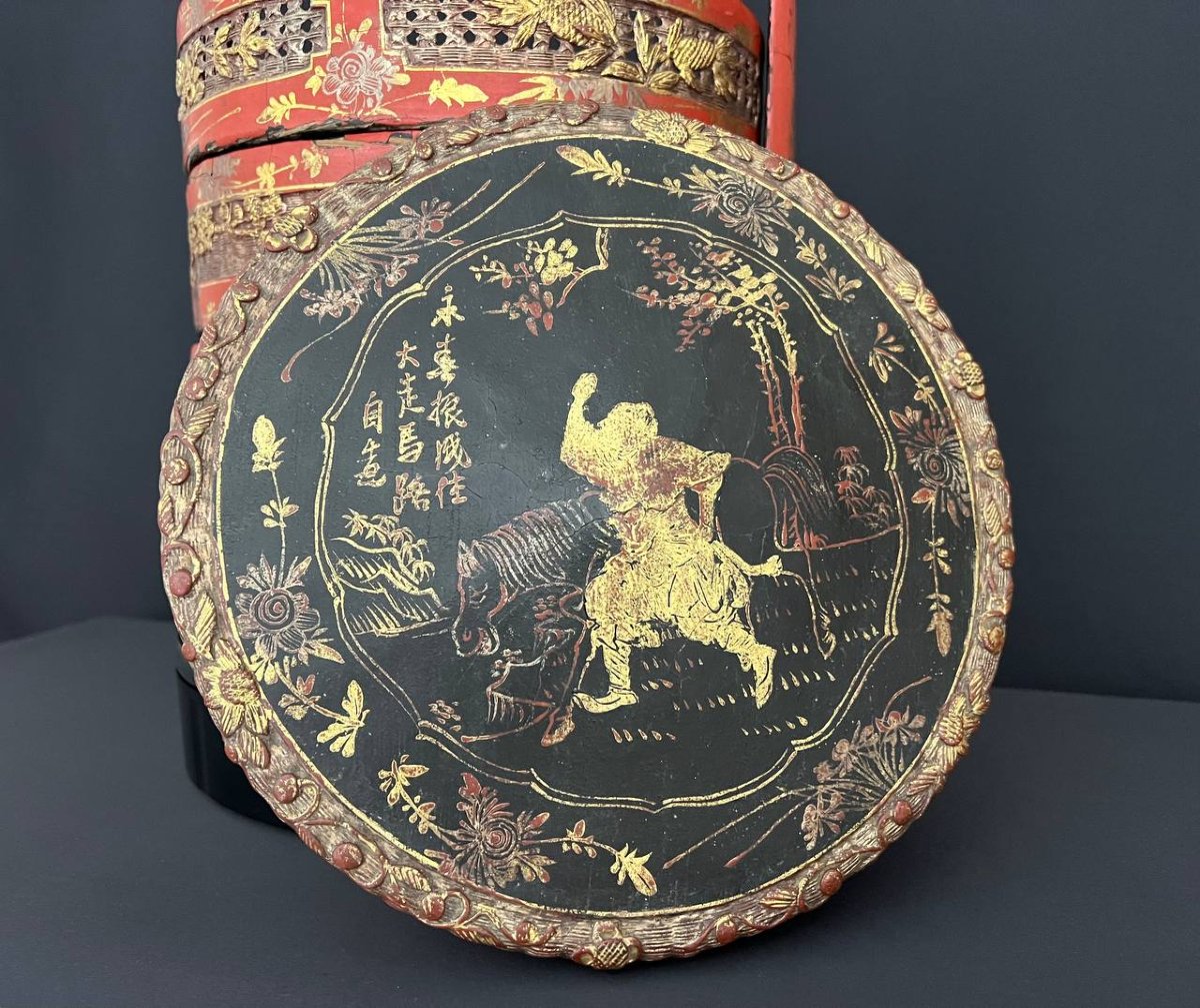 Chinese Wedding Basket In Red And Gold Lacquer-photo-6