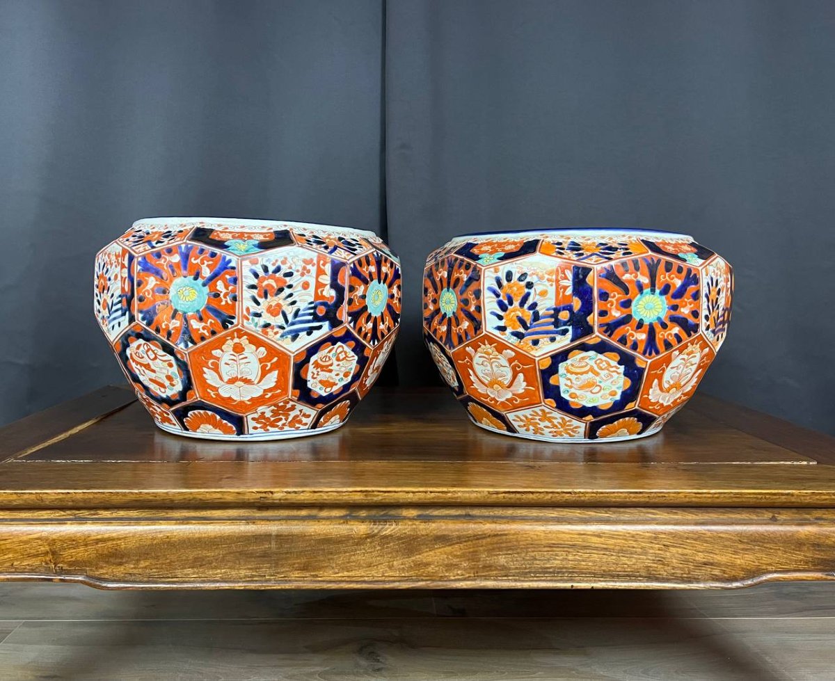Paire de grands cache-pots en céramique décor Imari-photo-1