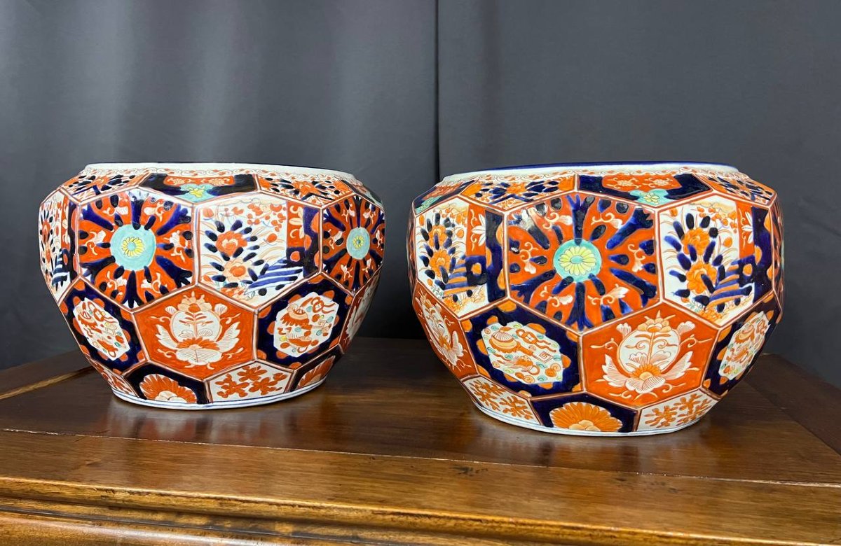 Paire de grands cache-pots en céramique décor Imari-photo-5