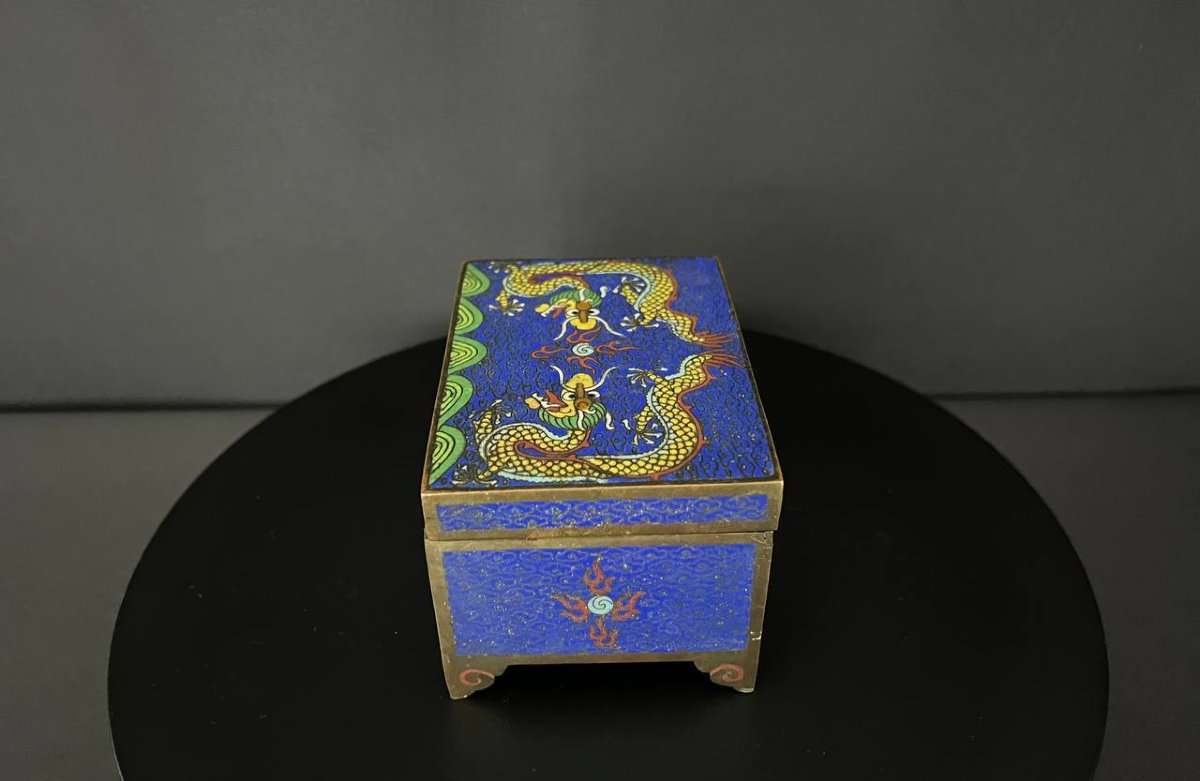 Boîte rectangulaire en cuivre émaillé cloisonné, décor de dragons, Chine-photo-4