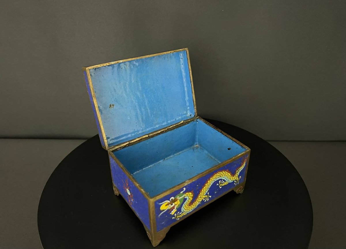 Boîte rectangulaire en cuivre émaillé cloisonné, décor de dragons, Chine-photo-6