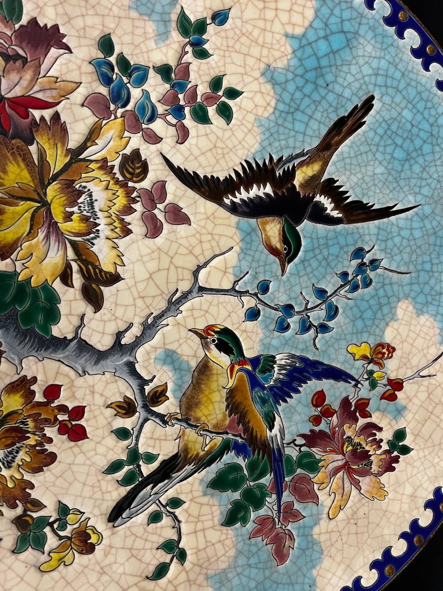 Large Decorative Longwy Enamel Platter-photo-1