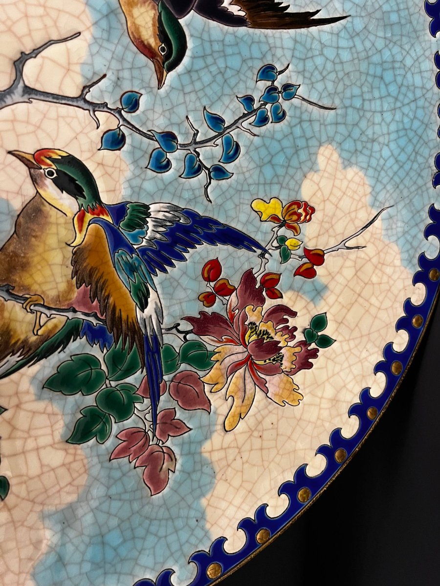 Large Decorative Longwy Enamel Platter-photo-2