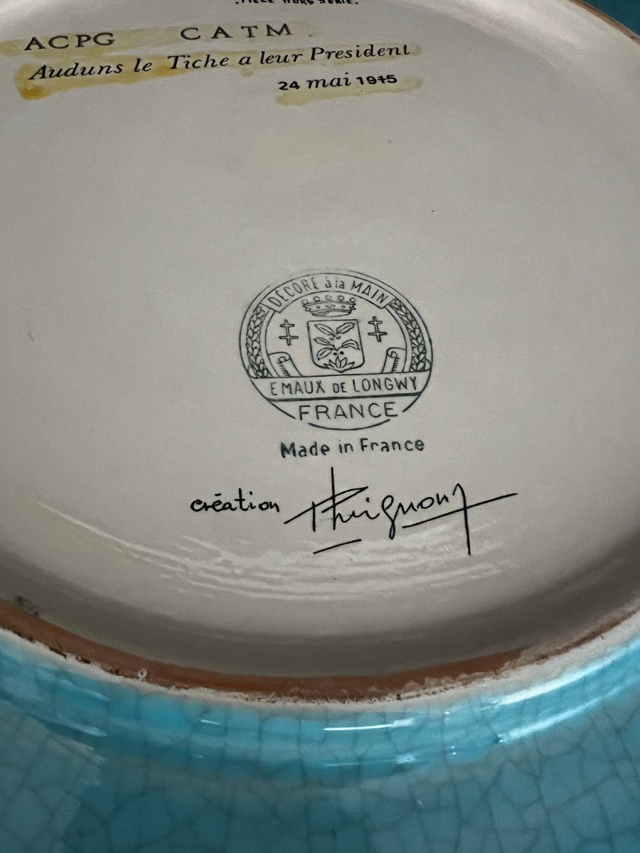 Large Decorative Longwy Enamel Platter-photo-5