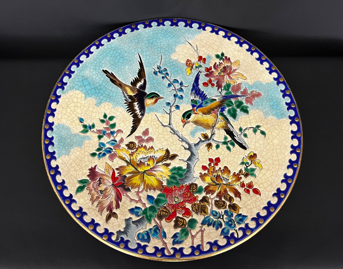 Large Decorative Longwy Enamel Platter