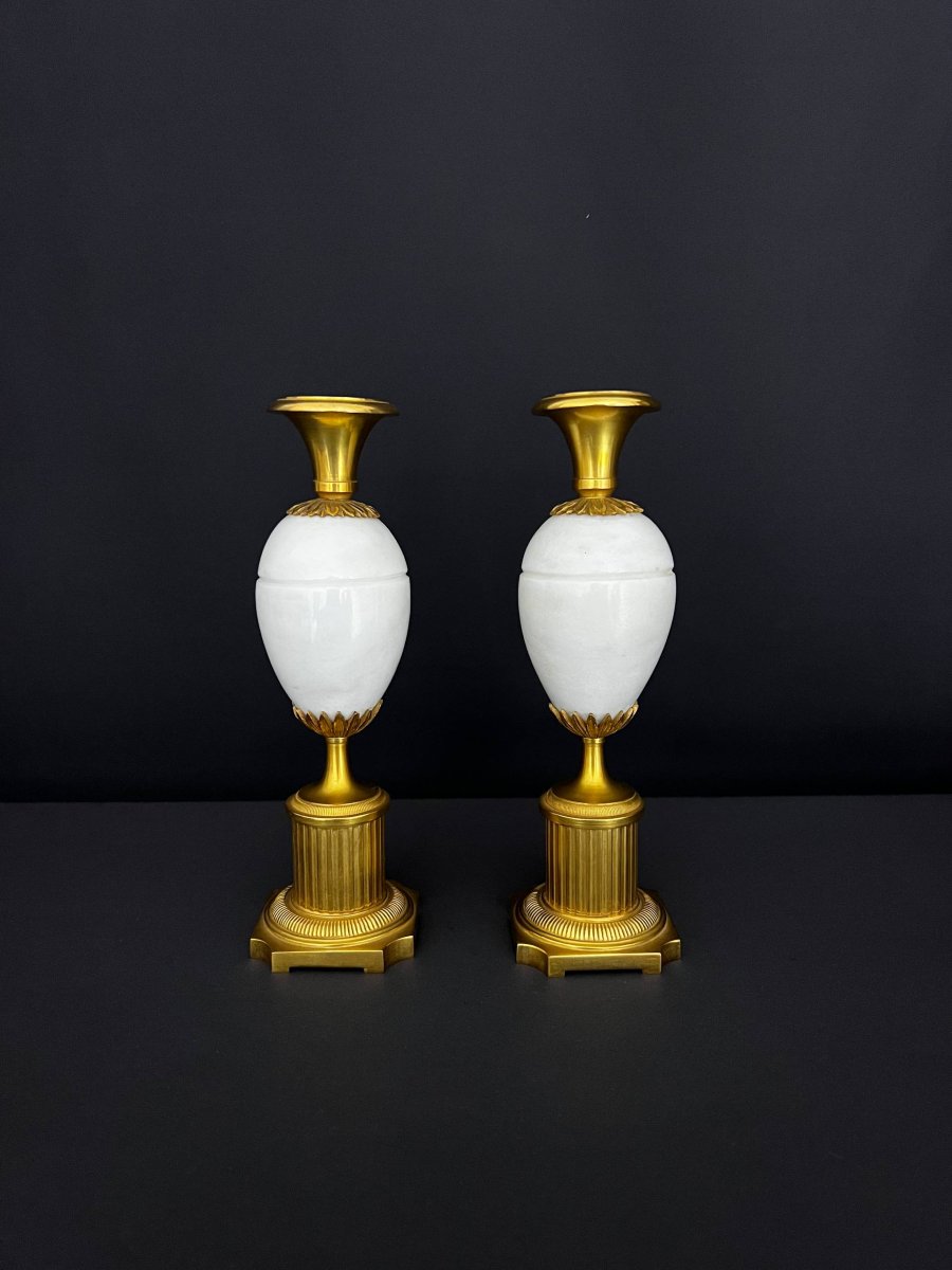 Pair Of Ornamental Vases In Gilt Bronze And White Marble – Empire Style-photo-1