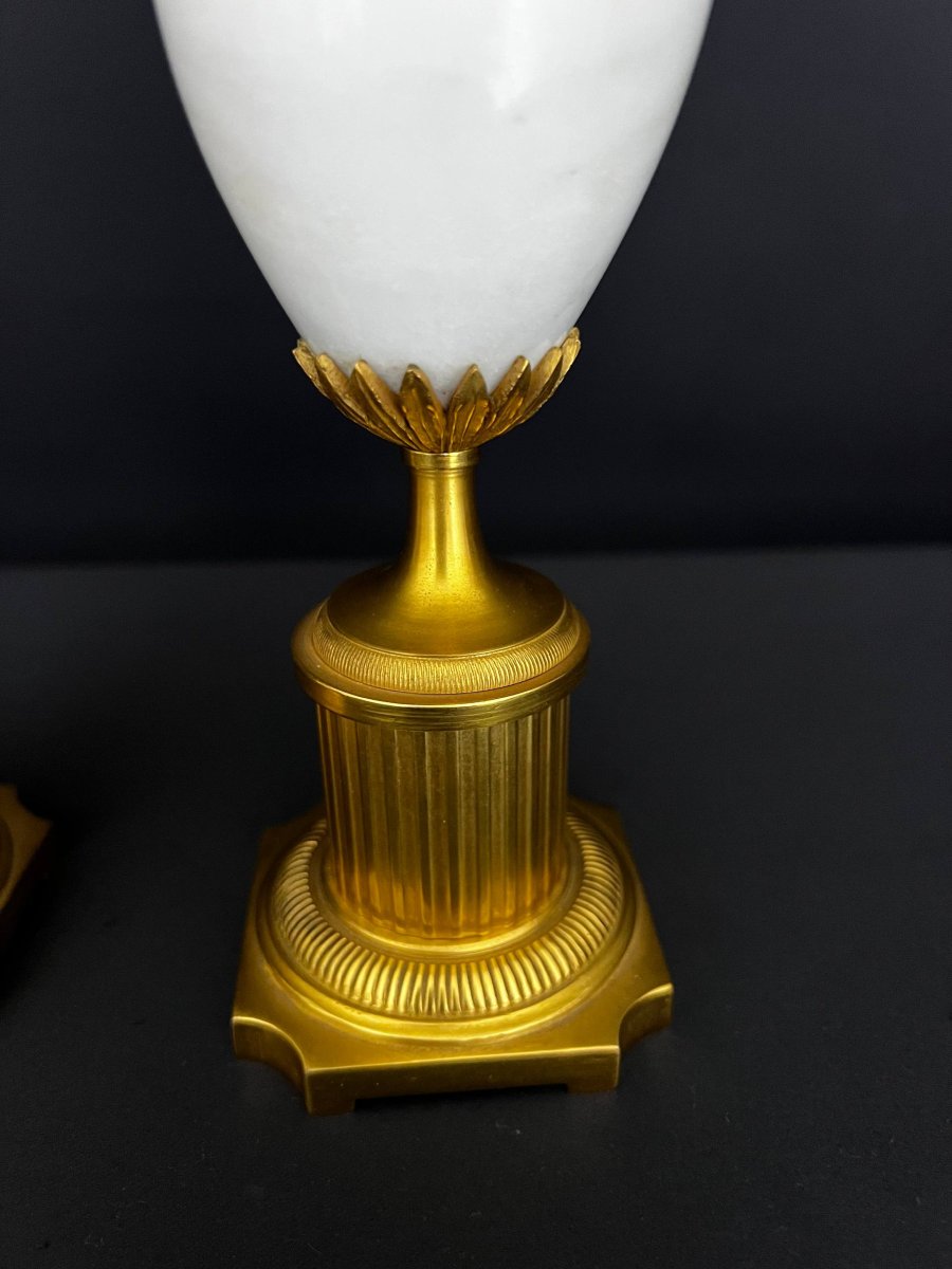 Pair Of Ornamental Vases In Gilt Bronze And White Marble – Empire Style-photo-2