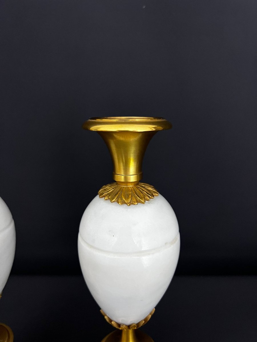 Pair Of Ornamental Vases In Gilt Bronze And White Marble – Empire Style-photo-3