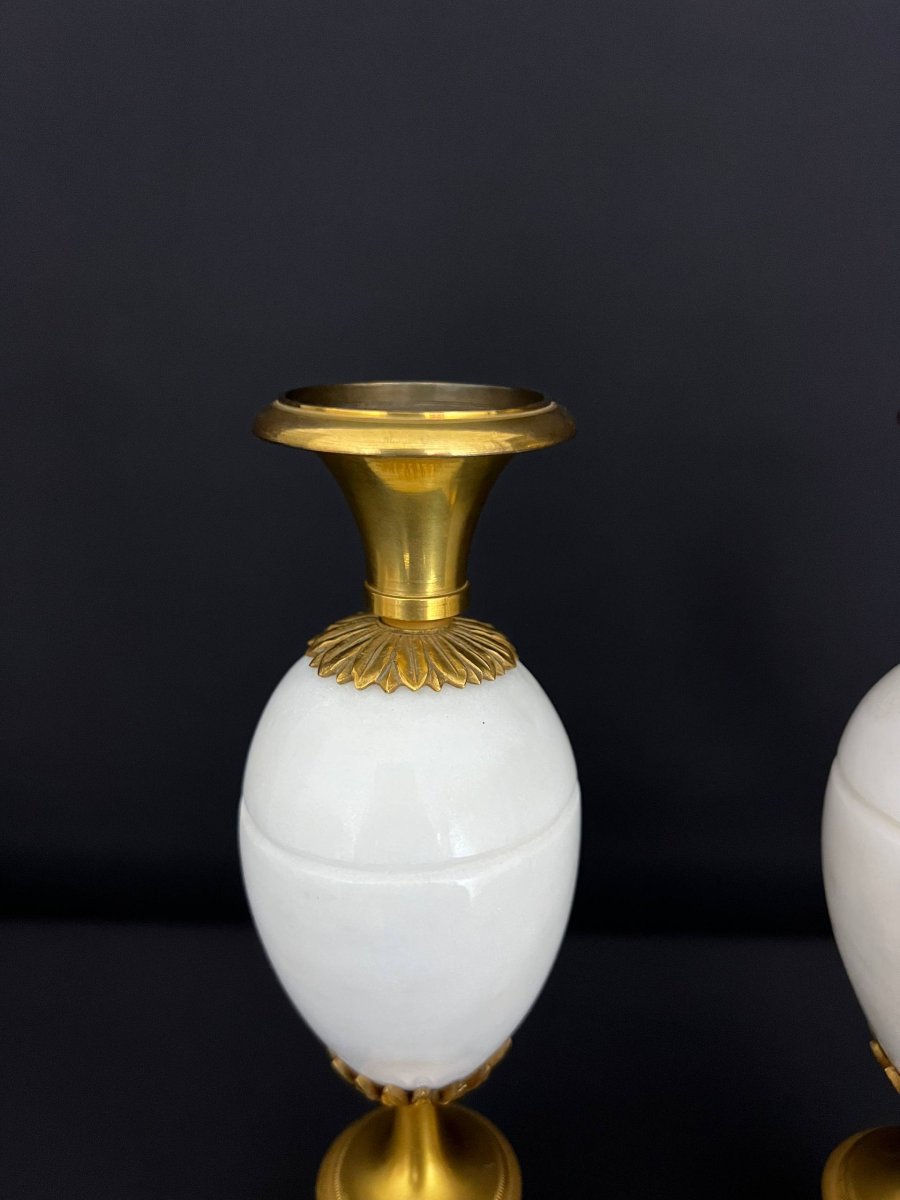 Pair Of Ornamental Vases In Gilt Bronze And White Marble – Empire Style-photo-4