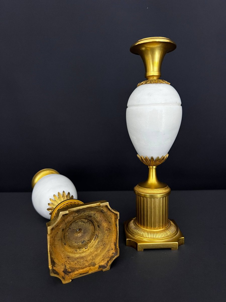 Pair Of Ornamental Vases In Gilt Bronze And White Marble – Empire Style-photo-5