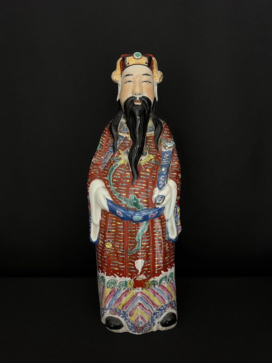 Large Polychrome Porcelain Figurine Representing Lu XIng, God Of Prosperity