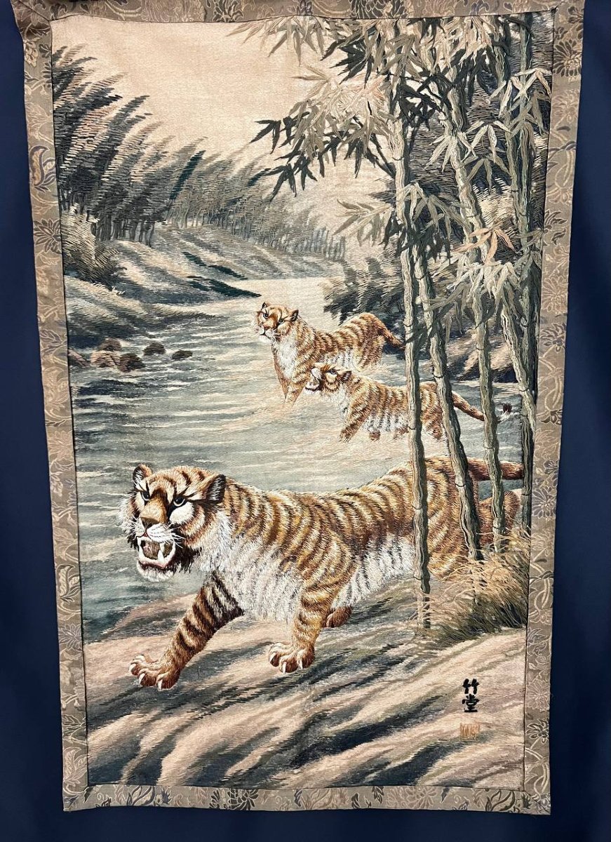 Pair Of Antique Embroideries, Probably Designed By Kishi Chikudō (1826–1897)-photo-1