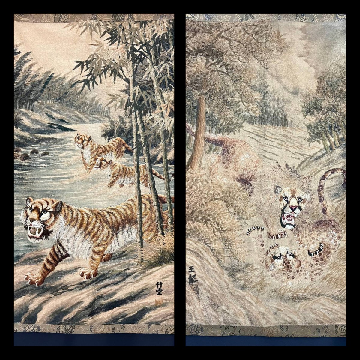 Pair Of Antique Embroideries, Probably Designed By Kishi Chikudō (1826–1897)