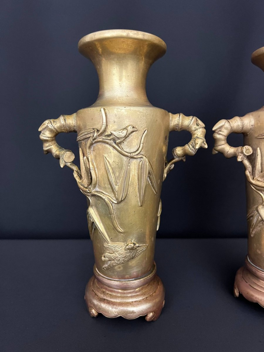 Pair Of Bronze Vases Decorated With Bamboo And Birds, Vietnam-photo-4