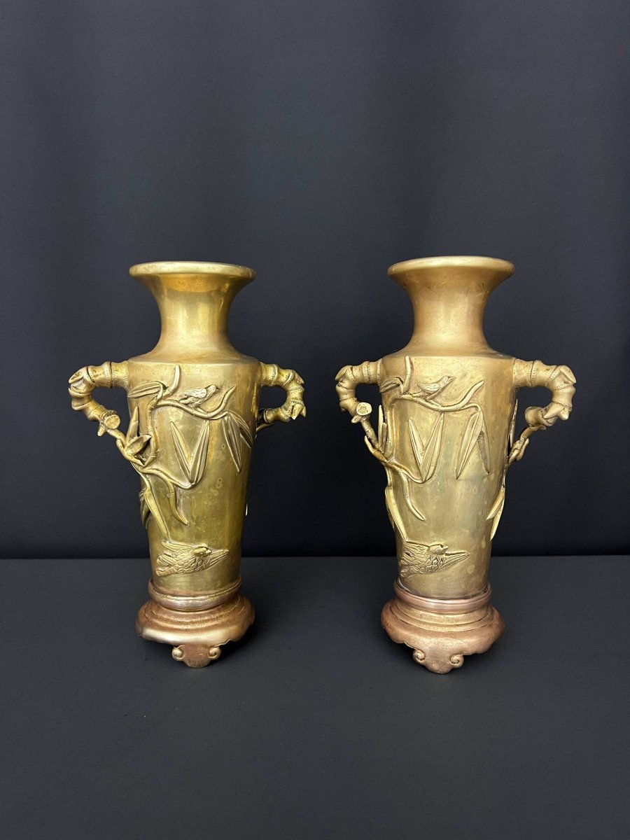 Pair Of Bronze Vases Decorated With Bamboo And Birds, Vietnam-photo-1