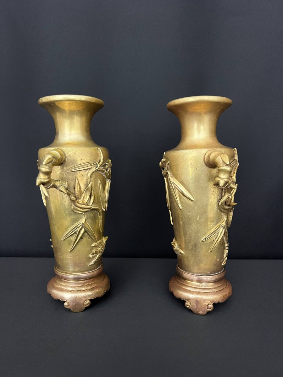 Pair Of Bronze Vases Decorated With Bamboo And Birds, Vietnam-photo-2