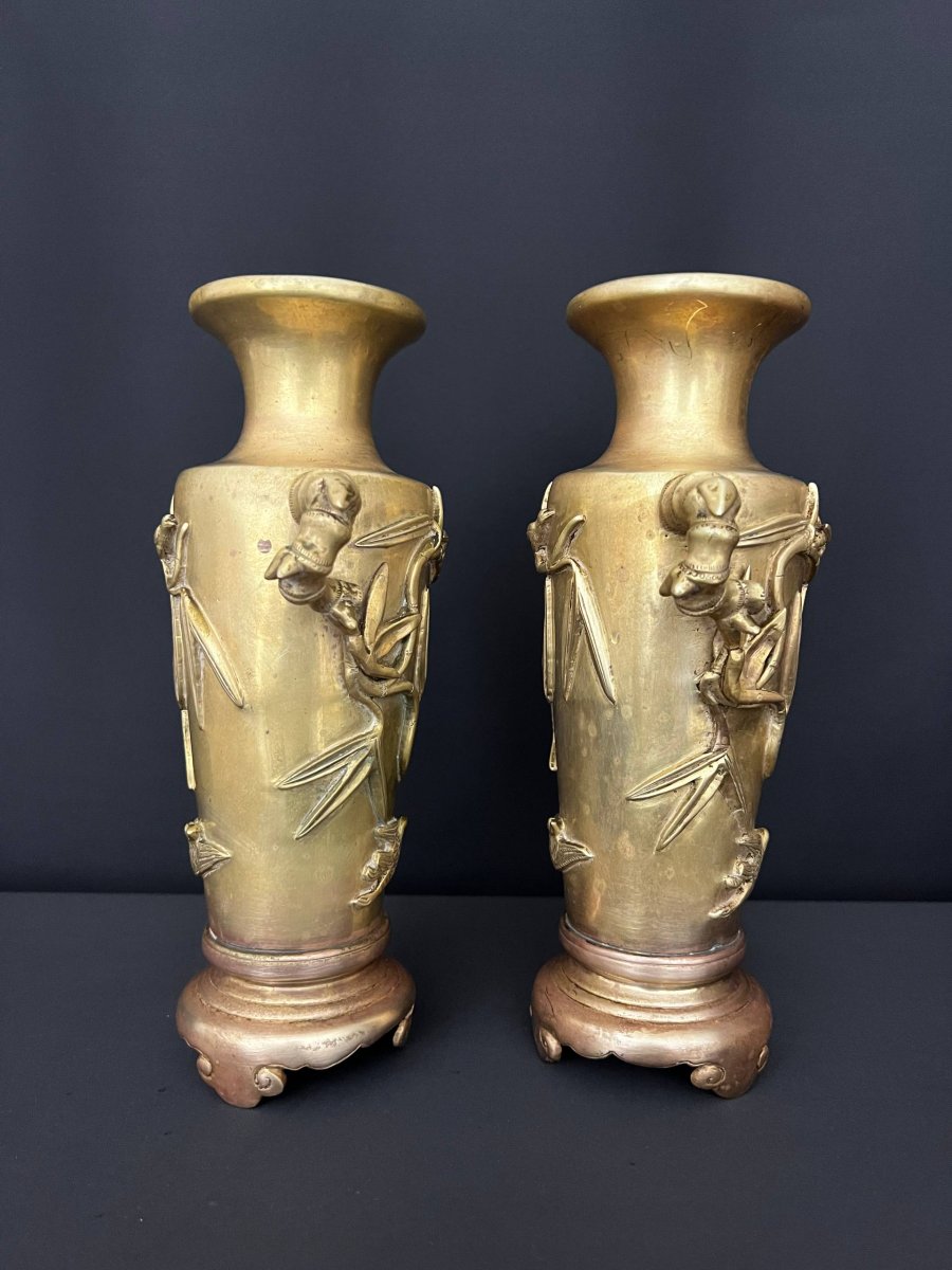 Pair Of Bronze Vases Decorated With Bamboo And Birds, Vietnam-photo-3
