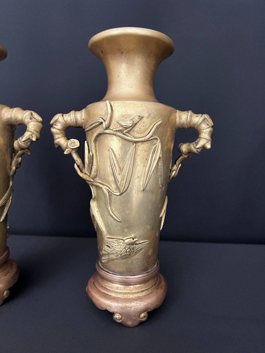 Pair Of Bronze Vases Decorated With Bamboo And Birds, Vietnam-photo-5