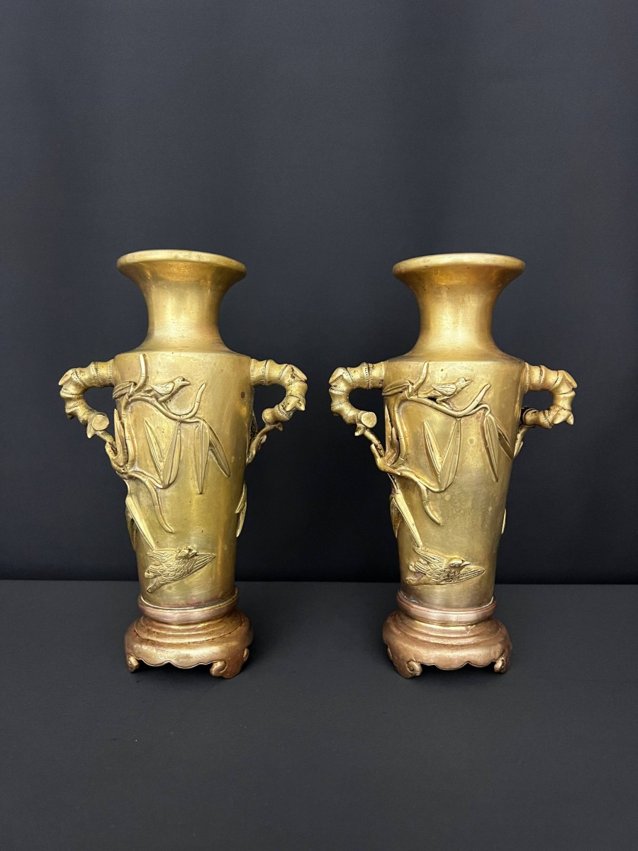Pair Of Bronze Vases Decorated With Bamboo And Birds, Vietnam