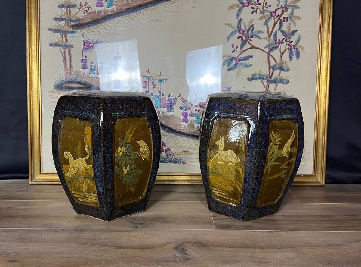 Paire de tabourets en terre cuite vernissée, Chine-photo-1