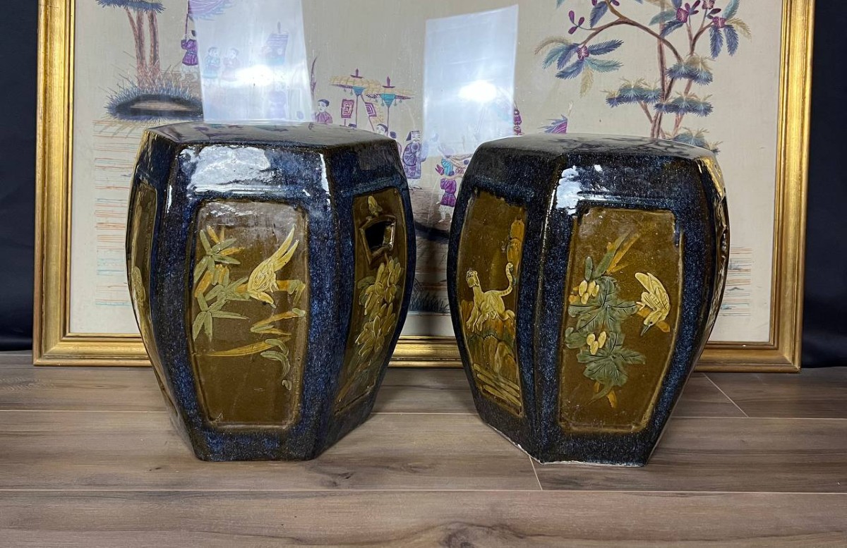 Paire de tabourets en terre cuite vernissée, Chine