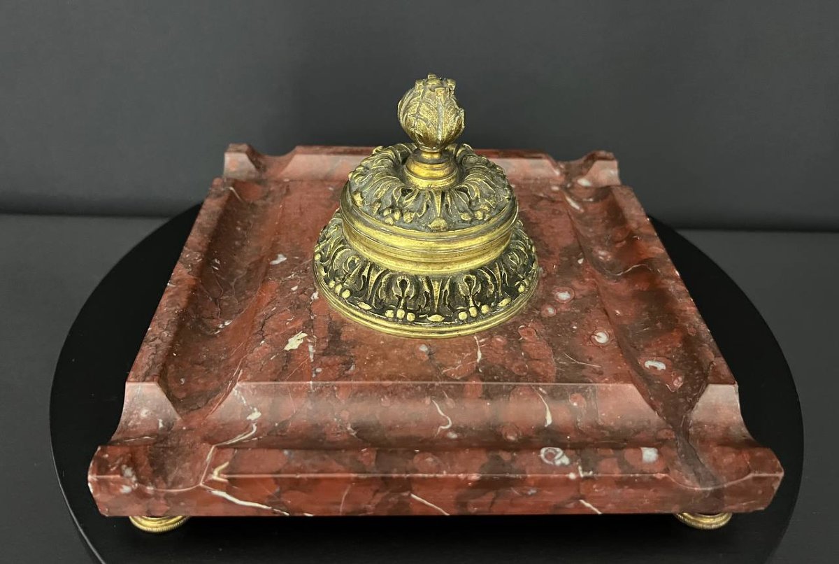 Encrier ancien en marbre rouge et bronze doré – fin XIXe siècle-photo-2