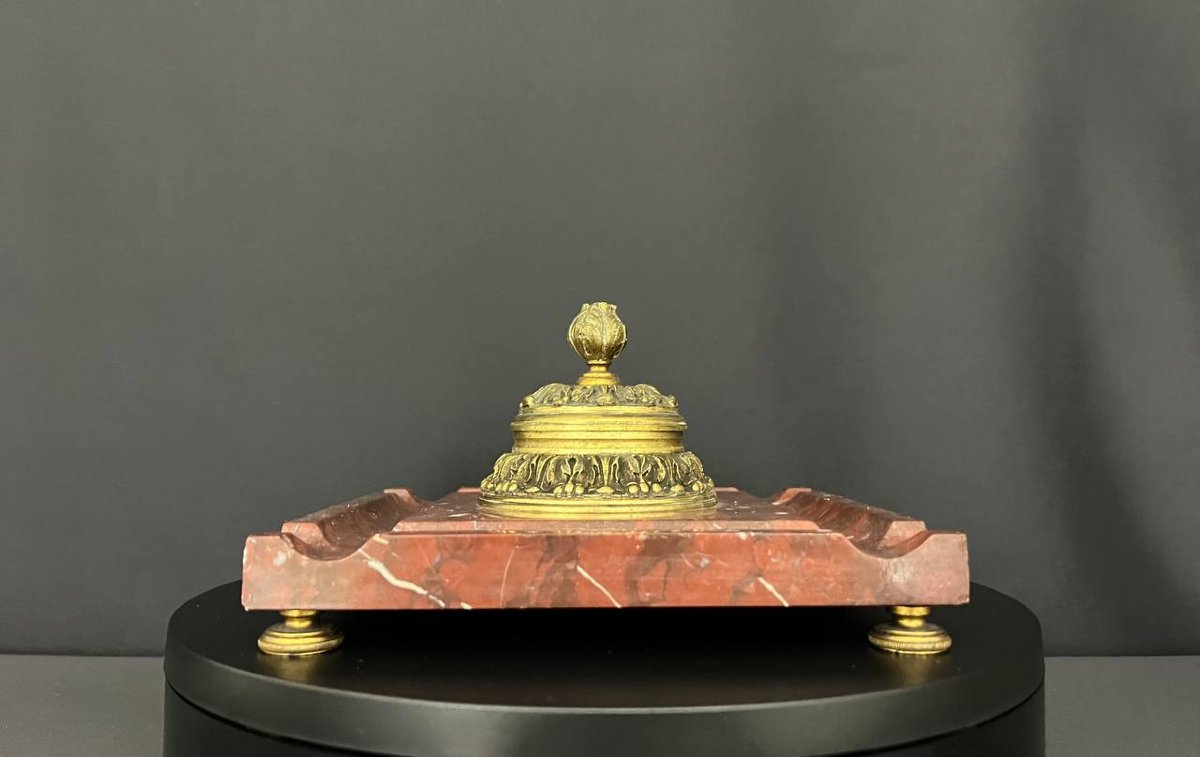 Encrier ancien en marbre rouge et bronze doré – fin XIXe siècle-photo-3